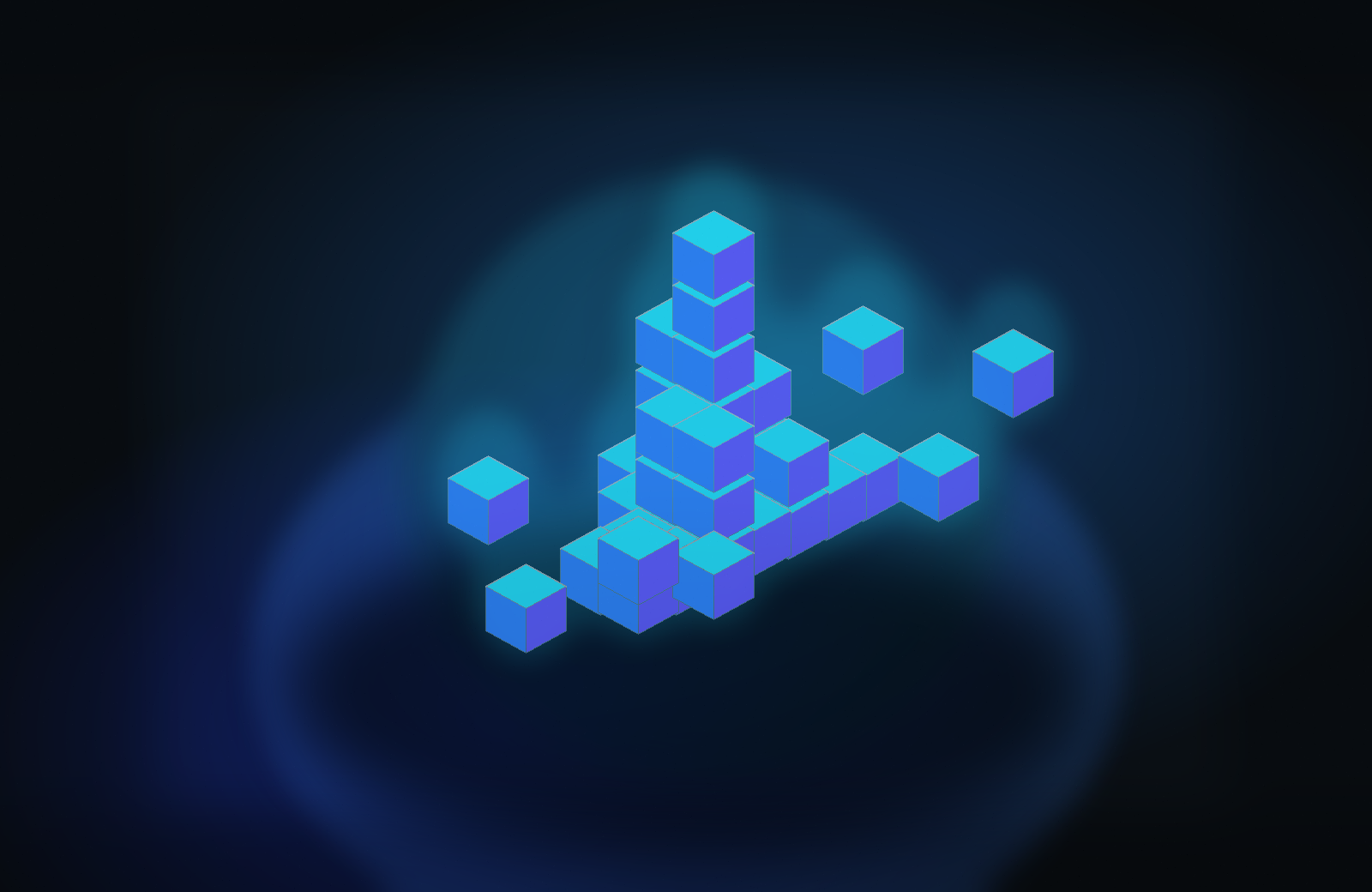 Glowing voxel cube structure on a dark technical grid